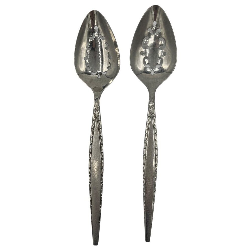 Oneida Venetia Stainless Pierced Serving Spoons Set of 2 Japan MCM Silver